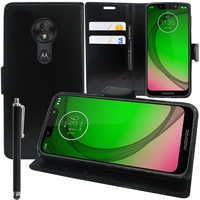 Motorola Moto G7 Play 5.7" (non compatible G7 Power/ G7/ G7 Plus): Accessoire Etui portefeuille Livre Housse Coque Pochette support vidéo cuir PU + Stylet - NOIR