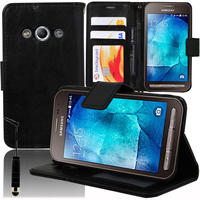 Samsung Galaxy Xcover 3 SM-G388F: Accessoire Etui portefeuille Livre Housse Coque Pochette support vidéo cuir PU + mini Stylet - NOIR