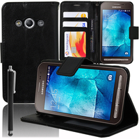 Samsung Galaxy Xcover 3 SM-G388F: Accessoire Etui portefeuille Livre Housse Coque Pochette support vidéo cuir PU + Stylet - NOIR