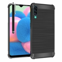 Samsung Galaxy A30S 6.4" SM-A307F A307FN A307G A307GN A307GT A307YN [Les Dimensions EXACTES du telephone: 158.5 x 74.7 x 7.8 mm]: Coque Housse Silicone Souple en Fibre de Carbone Brossé motif TPU Case + Stylet - NOIR