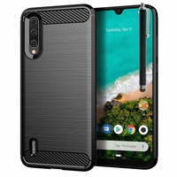 Xiaomi Mi A3 6.01" 1906F9S [Les Dimensions EXACTES du telephone: 153.5 x 71.9 x 8.5 mm]: Coque Housse Silicone Souple en Fibre de Carbone Brossé motif TPU Case + Stylet - NOIR