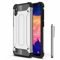 Samsung Galaxy A10 6.2" SM-A105F/ A105F/DS [Les Dimensions EXACTES du telephone: 155.6 x 75.6 x 7.9 mm]: Coque Antichoc Rugged Armor Neo Hybrid carbone + Stylet - ARGENT