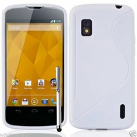 Google Nexus 4 E960/ Mako: Coque silicone Gel motif S au dos + Stylet - BLANC