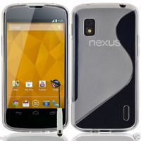 Google Nexus 4 E960/ Mako: Coque silicone Gel motif S au dos + mini Stylet - TRANSPARENT