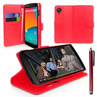 Google Nexus 5: Etui portefeuille Support Video cuir PU + Stylet - ROUGE