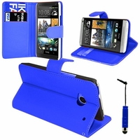 HTC One Mini M4/ 601/ 601e/ 601n/ 601s: Etui portefeuille Support Video cuir PU + mini Stylet - BLEU