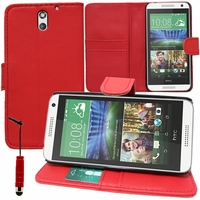 HTC Desire 610: Etui portefeuille Support Video cuir PU + mini Stylet - ROUGE