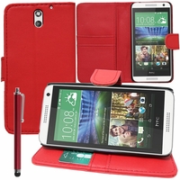 HTC Desire 610: Etui portefeuille Support Video cuir PU + Stylet - ROUGE