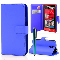 HTC Windows Phone 8S: Etui portefeuille Support Video cuir PU + Stylet - BLEU FONCE