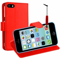 Apple iPhone 5C: Etui portefeuille Support Video cuir PU + mini Stylet - ROUGE