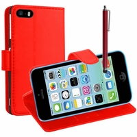 Apple iPhone 5C: Etui portefeuille Support Video cuir PU + Stylet - ROUGE