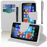 Microsoft Nokia Lumia 532/ 532 Dual SIM: Etui portefeuille Support Video cuir PU effet tissu + Stylet - BLANC