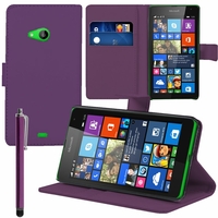 Microsoft Nokia Lumia 535/ 535 Dual SIM: Etui portefeuille Support Video cuir PU + Stylet - VIOLET