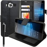 Microsoft Nokia Lumia 950/ 950 Dual SIM: Etui portefeuille Support Video cuir PU + Stylet - NOIR