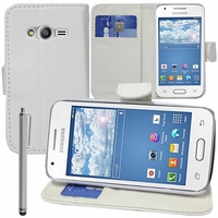 Samsung Galaxy Trend 2 Lite SM-G318H: Etui portefeuille Support Video cuir PU + Stylet - BLANC