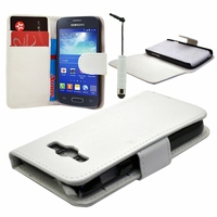 Samsung Galaxy Core LTE 4G SM-G386F: Etui portefeuille Livre Housse Coque Pochette cuir PU + mini Stylet - BLANC