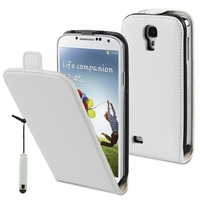 Samsung Galaxy S4 i9500/ i9505/ Value Edition I9515: Etui Rabattable Verticale en cuir PU + mini Stylet - BLANC