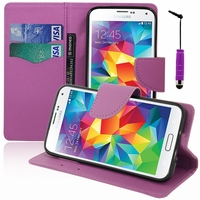 Samsung Galaxy S5 V G900F G900IKSMATW LTE G901F/ Duos / S5 Plus/ S5 Neo SM-G903F/ S5 LTE-A G906S: Etui portefeuille Support Video cuir PU effet tissu + mini Stylet - VIOLET