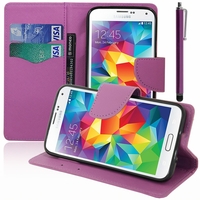 Samsung Galaxy S5 V G900F G900IKSMATW LTE G901F/ Duos / S5 Plus/ S5 Neo SM-G903F/ S5 LTE-A G906S: Etui portefeuille Support Video cuir PU effet tissu + Stylet - VIOLET
