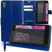 Sony Xperia E5 F3311 F3313: Etui portefeuille Support Video cuir PU + mini Stylet - BLEU FONCE