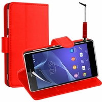 Sony Xperia L S36h/C2105/C2104: Etui portefeuille Support Video cuir PU + mini Stylet - ROUGE