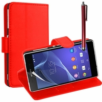 Sony Xperia L S36h/C2105/C2104: Etui portefeuille Support Video cuir PU + Stylet - ROUGE