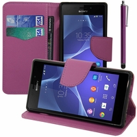 Sony Xperia M2/ M2 Dual D2303 D2305 D2306: Etui portefeuille Support Video cuir PU effet tissu + Stylet - VIOLET