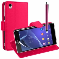 Sony Xperia Z2 D6502 D6503 D6543: Etui portefeuille Support Video cuir PU + Stylet - ROSE