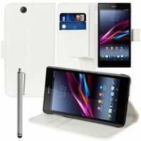 Sony Xperia Z Ultra XL39H C6802/ LTE C6806 C6833: Etui portefeuille Support Video cuir PU + Stylet - BLANC