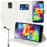 Samsung Galaxy S5 Mini G800F G800H / Duos: Etui portefeuille Support Video cuir PU + mini Stylet - BLANC