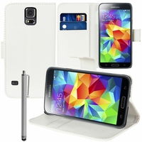 Samsung Galaxy S5 Mini G800F G800H / Duos: Etui portefeuille Support Video cuir PU + Stylet - BLANC