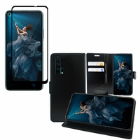 Huawei Honor 20 Pro 6.26": Etui Coque Housse Pochette Accessoires portefeuille support video cuir PU - NOIR + 1 Film de protection d'écran Verre Trempé - NOIR