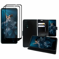 Huawei Honor 20 Pro 6.26": Etui Coque Housse Pochette Accessoires portefeuille support video cuir PU - NOIR + 2 Films de protection d'écran Verre Trempé - NOIR