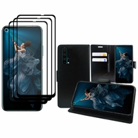 Huawei Honor 20 Pro 6.26": Etui Coque Housse Pochette Accessoires portefeuille support video cuir PU - NOIR + 3 Films de protection d'écran Verre Trempé - NOIR