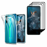 Huawei Honor 20 Pro 6.26": Etui Housse Pochette Accessoires Coque gel UltraSlim - TRANSPARENT + 3 Films de protection d'écran Verre Trempé - NOIR