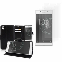 Sony Xperia L1 5.5": Etui Coque Housse Pochette Accessoires portefeuille support video cuir PU - NOIR + 3 Films de protection d'écran Verre Trempé