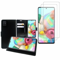 Samsung Galaxy A71 6.7": Etui Coque Housse Pochette Accessoires portefeuille support video cuir PU - NOIR + 2 Films de protection d'écran Verre Trempé