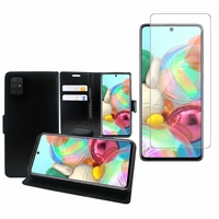 Samsung Galaxy A71 6.7": Etui Coque Housse Pochette Accessoires portefeuille support video cuir PU - NOIR + 1 Film de protection d'écran Verre Trempé