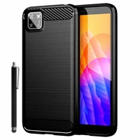 Huawei Y5p/ Honor 9S 5.45" DRA-LX9 DUA-LX9 [Les Dimensions EXACTES du telephone: 146.5 x 70.9 x 8.4 mm]: Coque Silicone TPU Fibre de Carbone Brossé + Stylet - NOIR