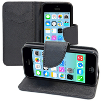 Apple iPhone 5C: Accessoire Etui portefeuille Livre Housse Coque Pochette support vidéo cuir PU effet tissu - NOIR