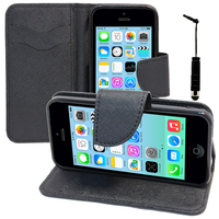 Apple iPhone 5C: Accessoire Etui portefeuille Livre Housse Coque Pochette support vidéo cuir PU effet tissu + mini Stylet - NOIR