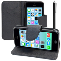 Apple iPhone 5C: Accessoire Etui portefeuille Livre Housse Coque Pochette support vidéo cuir PU effet tissu + Stylet - NOIR