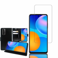 Huawei P Smart 2021 6.67": Etui Coque Housse Pochette Accessoires portefeuille support video cuir PU - NOIR + 1 Film de protection d'écran Verre Trempé
