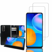 Huawei P Smart 2021 6.67": Etui Coque Housse Pochette Accessoires portefeuille support video cuir PU - NOIR + 2 Films de protection d'écran Verre Trempé