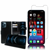 Apple iPhone 12 Pro Max 6.7": Etui Coque Housse Pochette Accessoires portefeuille support video cuir PU - NOIR + 1 Film de protection d'écran Verre Trempé