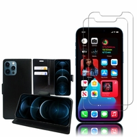 Apple iPhone 12 Pro Max 6.7": Etui Coque Housse Pochette Accessoires portefeuille support video cuir PU - NOIR + 2 Films de protection d'écran Verre Trempé