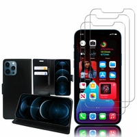 Apple iPhone 12 Pro Max 6.7": Etui Coque Housse Pochette Accessoires portefeuille support video cuir PU - NOIR + 3 Films de protection d'écran Verre Trempé