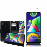Samsung Galaxy M21 6.4": Etui Coque Housse Pochette Accessoires portefeuille support video cuir PU - NOIR + 1 Film de protection d'écran Verre Trempé
