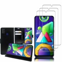 Samsung Galaxy M21 6.4": Etui Coque Housse Pochette Accessoires portefeuille support video cuir PU - NOIR + 3 Films de protection d'écran Verre Trempé