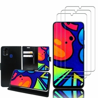 Samsung Galaxy M21s 6.4": Etui Coque Housse Pochette Accessoires portefeuille support video cuir PU - NOIR + 3 Films de protection d'écran Verre Trempé